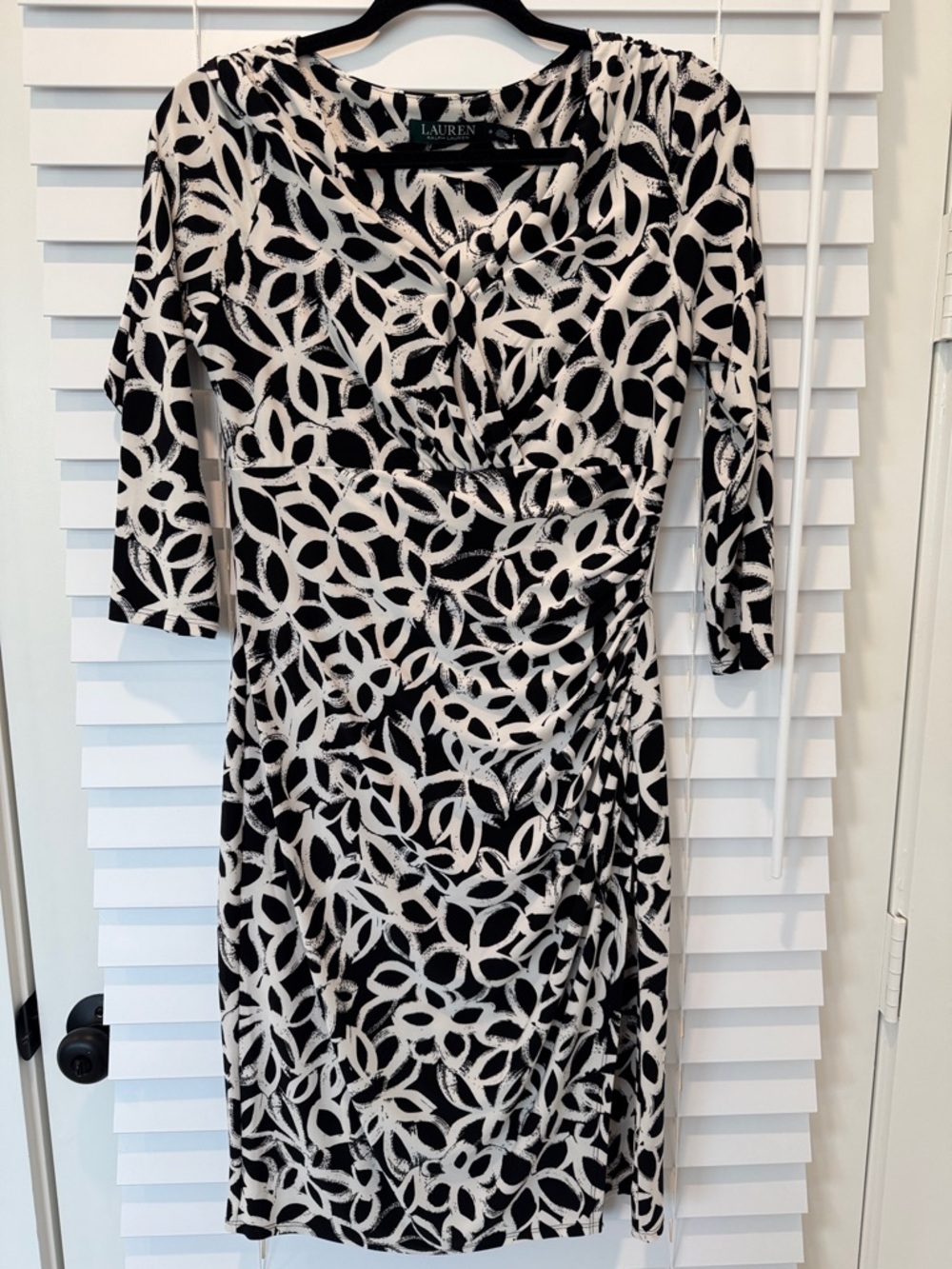 Lauren Ralph Lauren Ruched Jersey Midi Faux Wrap Dress Black White Floral Size 8